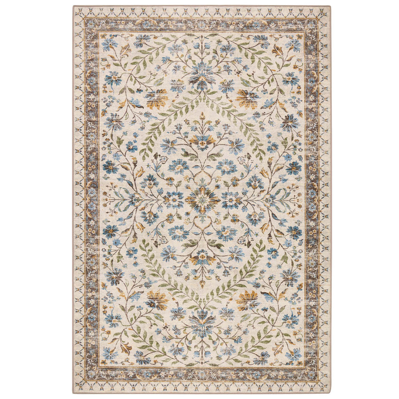 An area rug with a traditional floral pattern on an ivory background, featuring blue flowers, green leaves, and brown accents in the border.