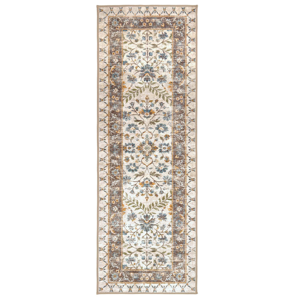 A long rectangular area rug with an ornate traditional floral pattern in cream, beige, muted blue, and olive green, shown flat against a solid white background.