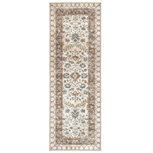 A long rectangular area rug with an ornate traditional floral pattern in cream, beige, muted blue, and olive green, shown flat against a solid white background.