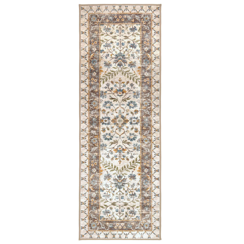 A long rectangular area rug with an ornate traditional floral pattern in cream, beige, muted blue, and olive green, shown flat against a solid white background.