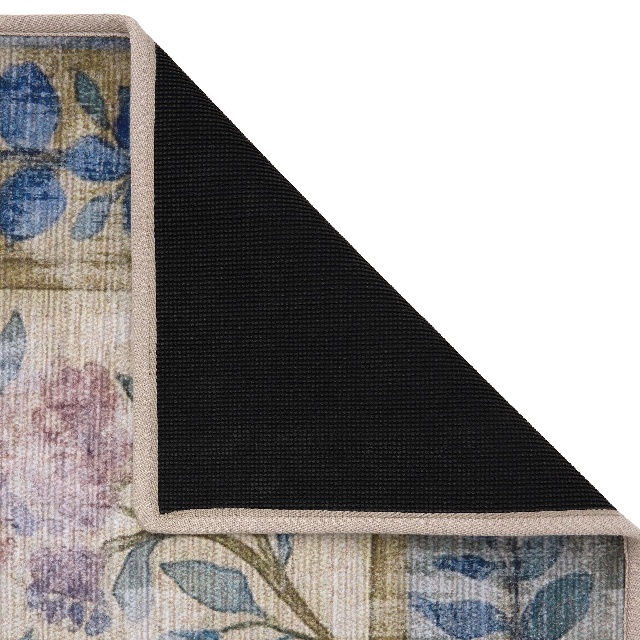 The Lady Rose Eco-Washable Rug - a beige and green eco-washable rug featuring blue and pink florals and green leaves.