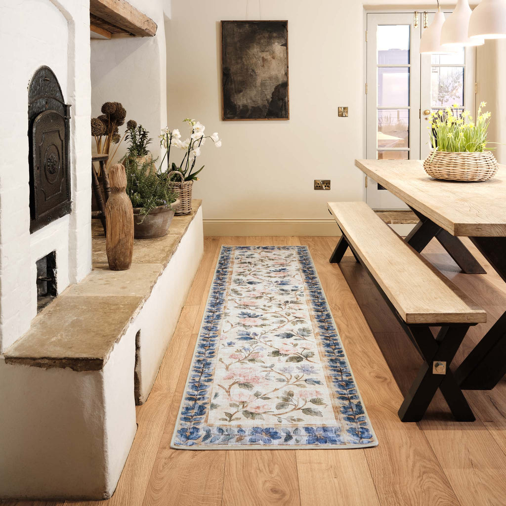 The Lady Rose Eco-Washable Rug Runner- 100% recycled content runner featuring a rose design.