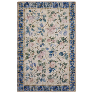 The Lady Rose Eco-Washable Rug - a beige and green eco-washable rug featuring blue and pink florals and green leaves.
