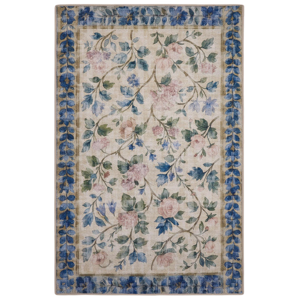 The Lady Rose Eco-Washable Rug - a beige and green eco-washable rug featuring blue and pink florals and green leaves.