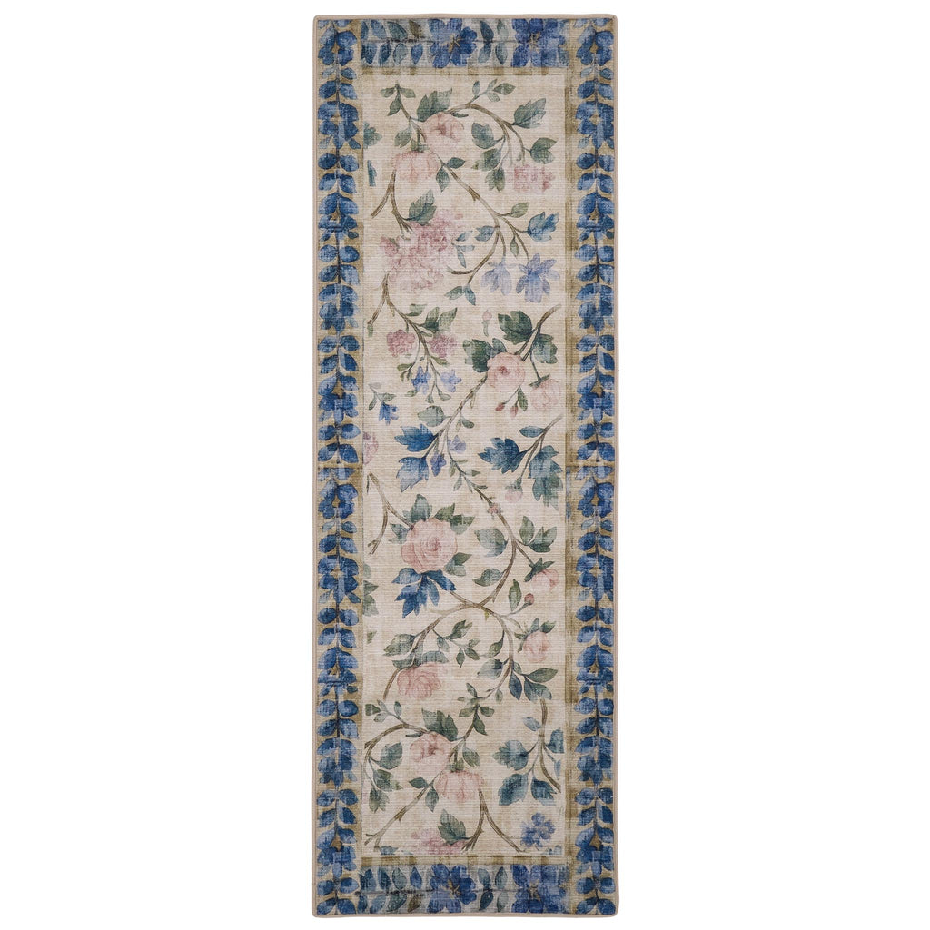 The Lady Rose Eco-Washable Runner - a beige and green eco-washable runner featuring blue and pink florals and green leaves.