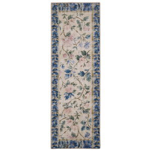 The Lady Rose Eco-Washable Runner - a beige and green eco-washable runner featuring blue and pink florals and green leaves.