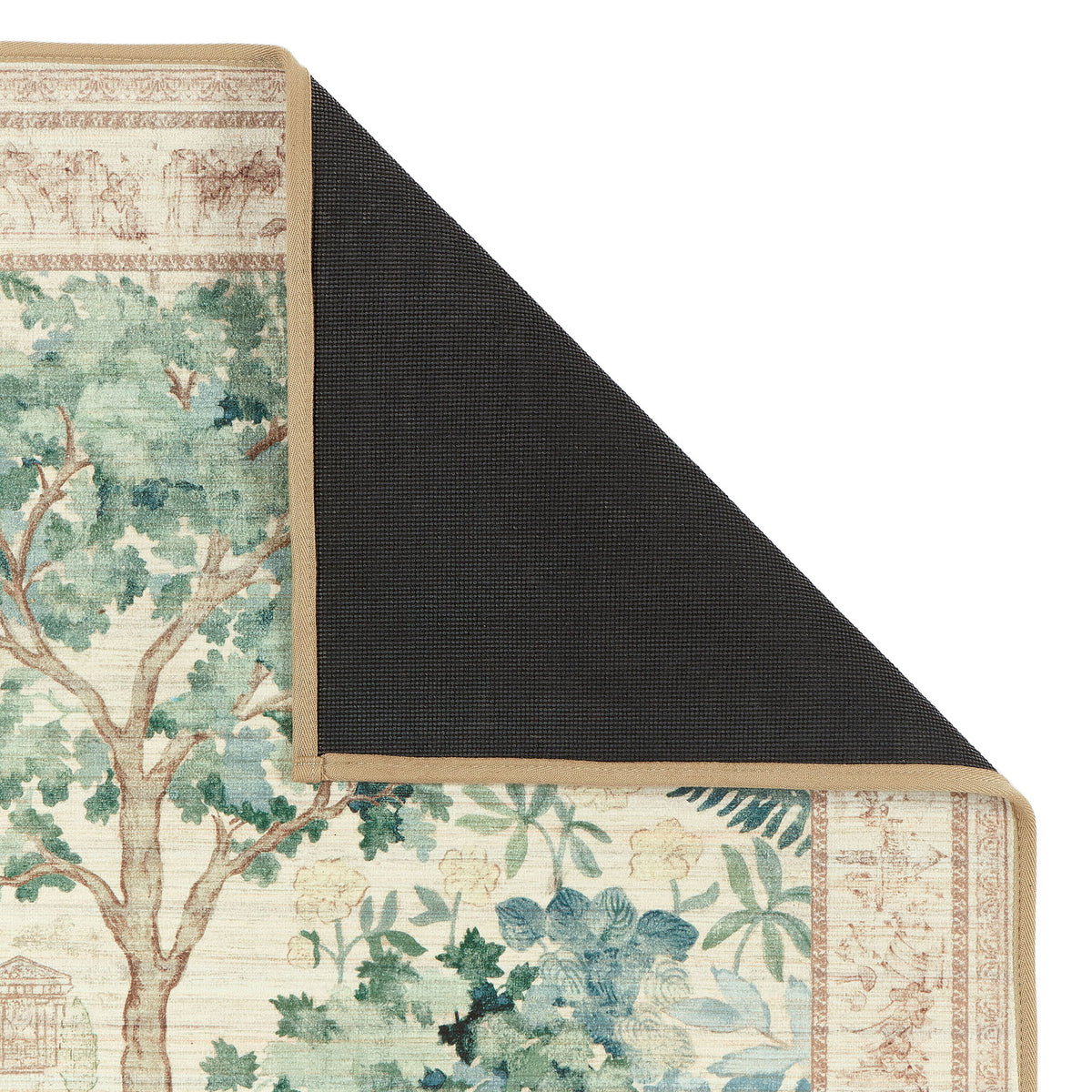 Close-up of The Stumpery Fern Eco-Washable showing a nautre inspired pattern with a black rubber backing. 