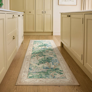 The Stumpery Fern Eco-Washable Runner with a nature inspired pattern, styled on wooden flooring. 