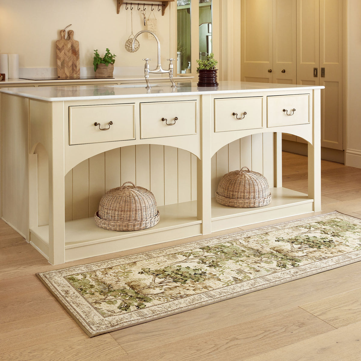 The Stumpery Lichen Eco-Washable Runner with a nature inspired pattern, styled on wooden flooring. 