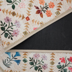 The Wildflower Patch Eco-Washable Rug- a beige eco-washable rug featuring vibrant florals.