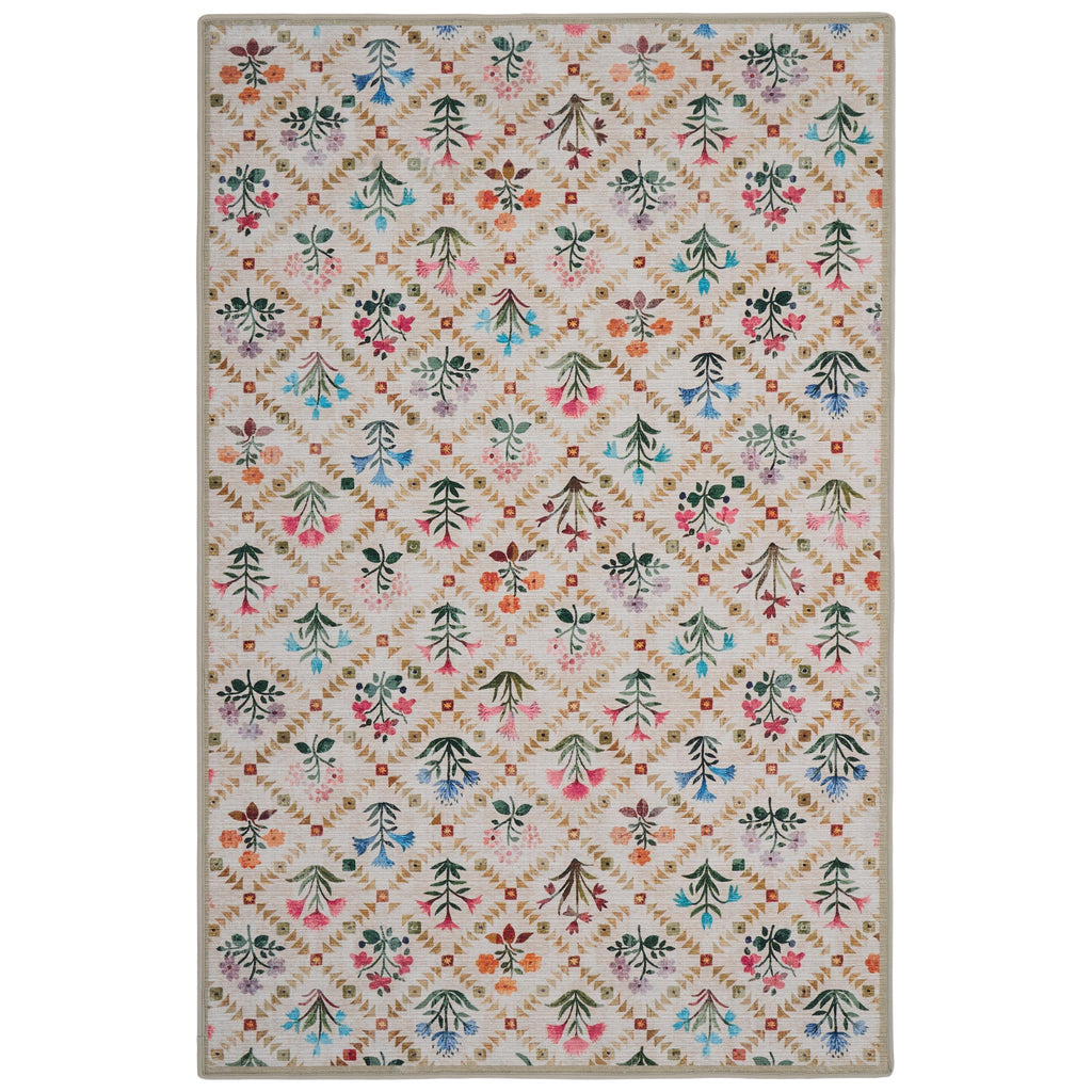 The Wildflower Patch Eco-Washable Rug- a beige eco-washable rug featuring vibrant florals.