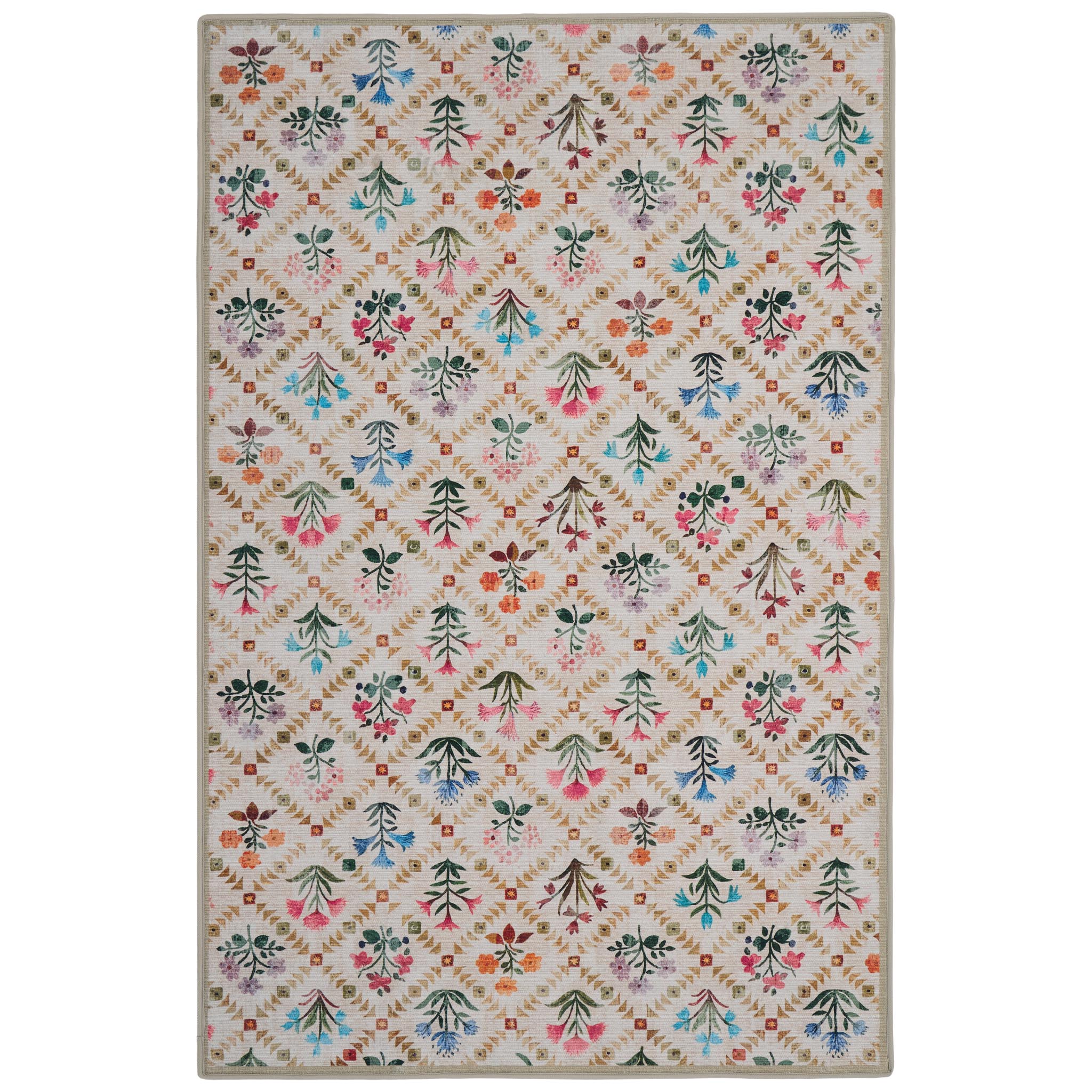 The Wildflower Patch Eco-Washable Rug- a beige eco-washable rug featuring vibrant florals.