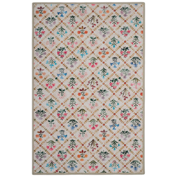 The Wildflower Patch Eco-Washable Rug- a beige eco-washable rug featuring vibrant florals.