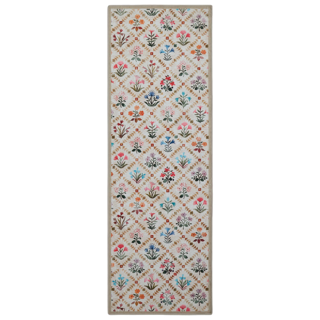 The Wildflower Patch Eco-Washable Runner- a beige eco-washable runner featuring vibrant florals.