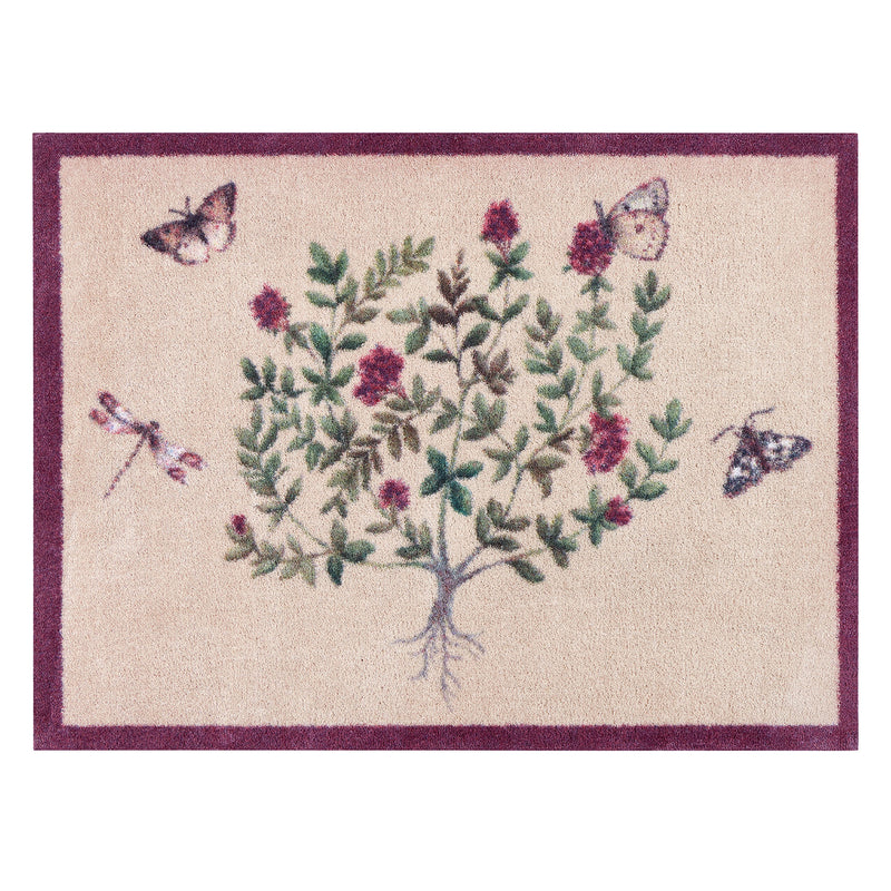 Thyme Walk Lichen & Gooseberry Washable Doormat with a purple floral nature inspired pattern.