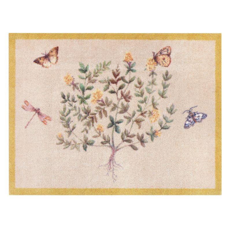 Thyme Walk Lichen & Gooseberry Washable Doormat with a yellow floral nature pattern.