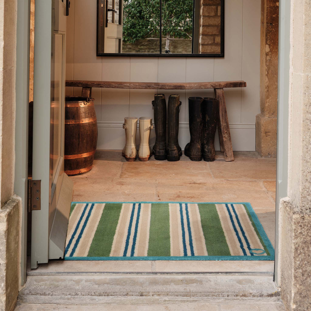 Timeless Stripe Green Doormat- 100% recycled cotton doormat featuring beige, blue and green striped pattern.