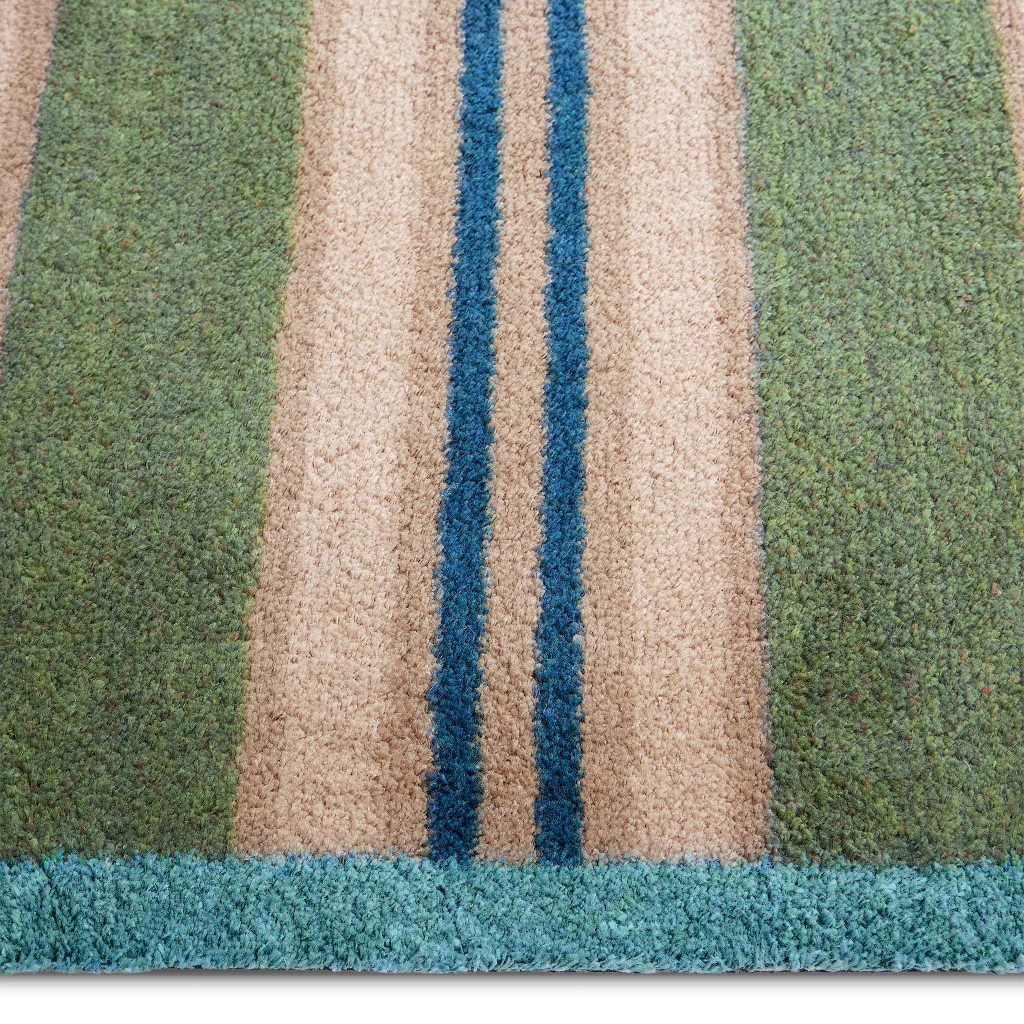 Timeless Stripe Green Runner- a 100% recycled cotton runner featuring beige, blue and green stripes.