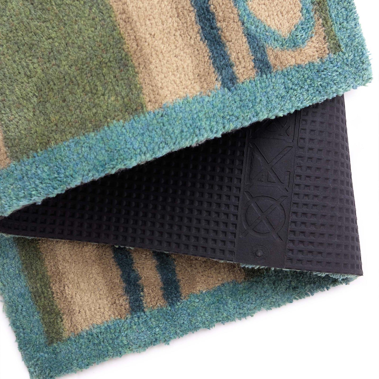 Timeless Stripe Green Runner- a 100% recycled cotton runner featuring beige, blue and green stripes.