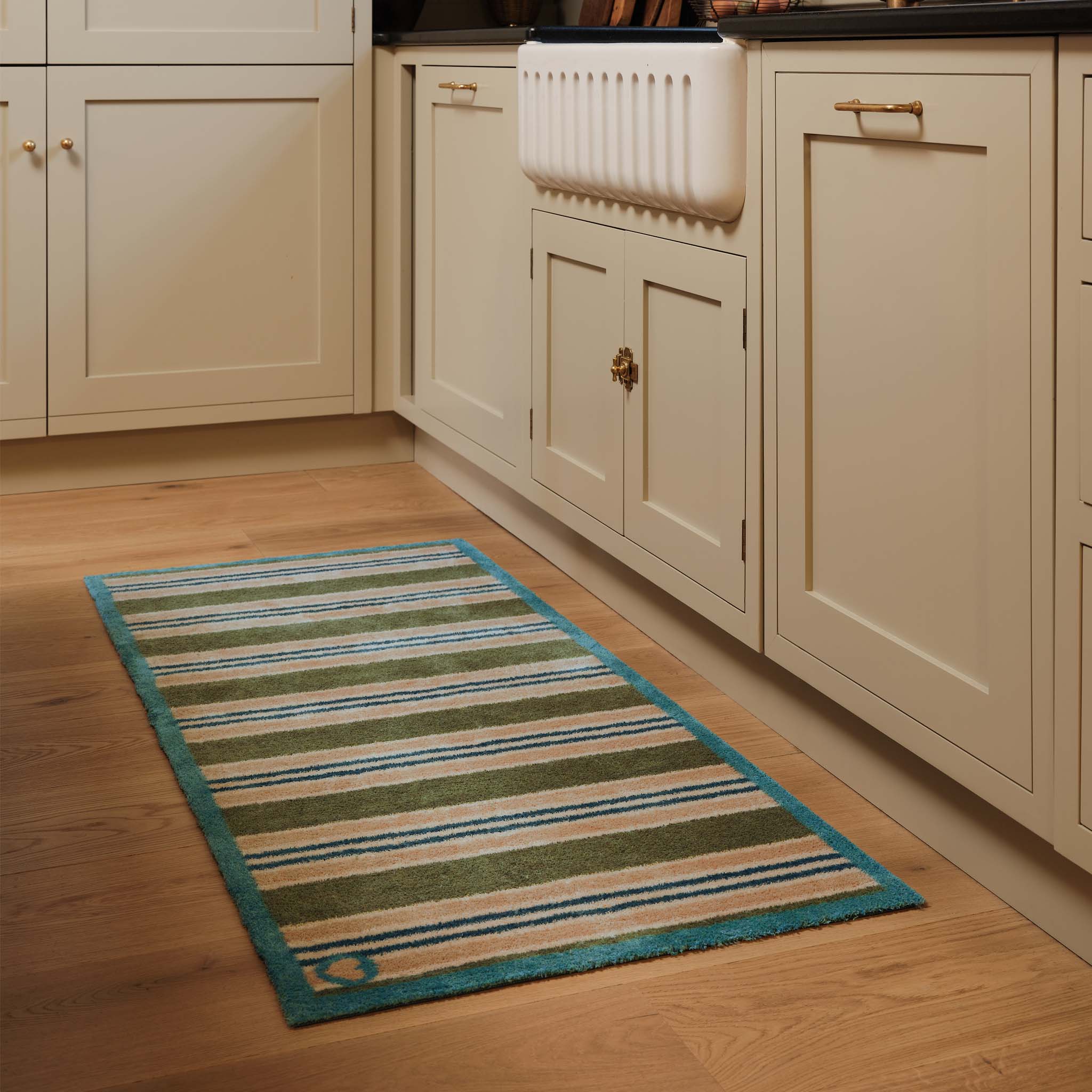 Timeless Stripe Green Runner- a 100% recycled cotton runner featuring beige, blue and green stripes.