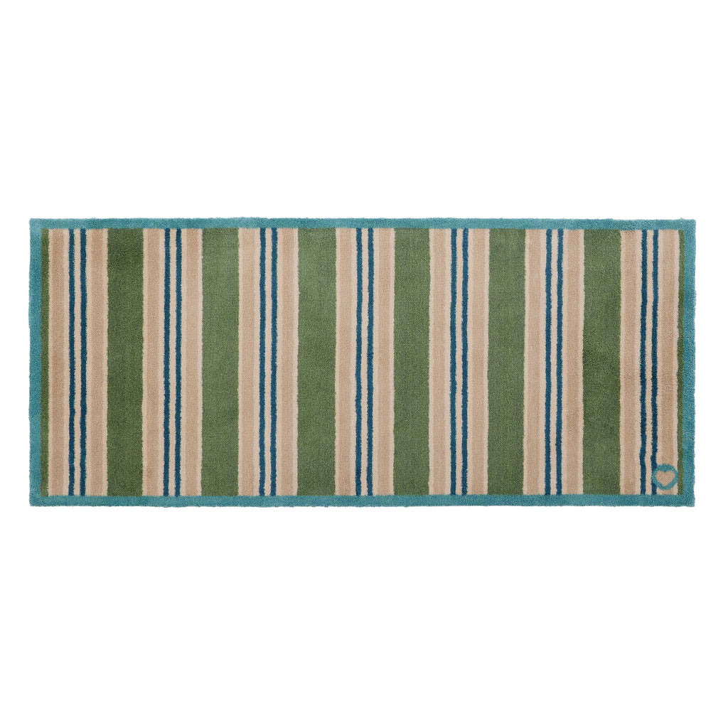 Timeless Stripe Green Runner- a 100% recycled cotton runner featuring beige, blue and green stripes.