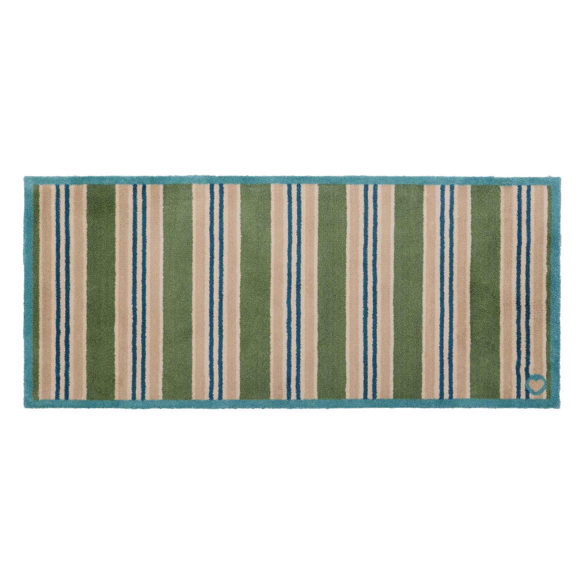 Timeless Stripe Green Runner- a 100% recycled cotton runner featuring beige, blue and green stripes.