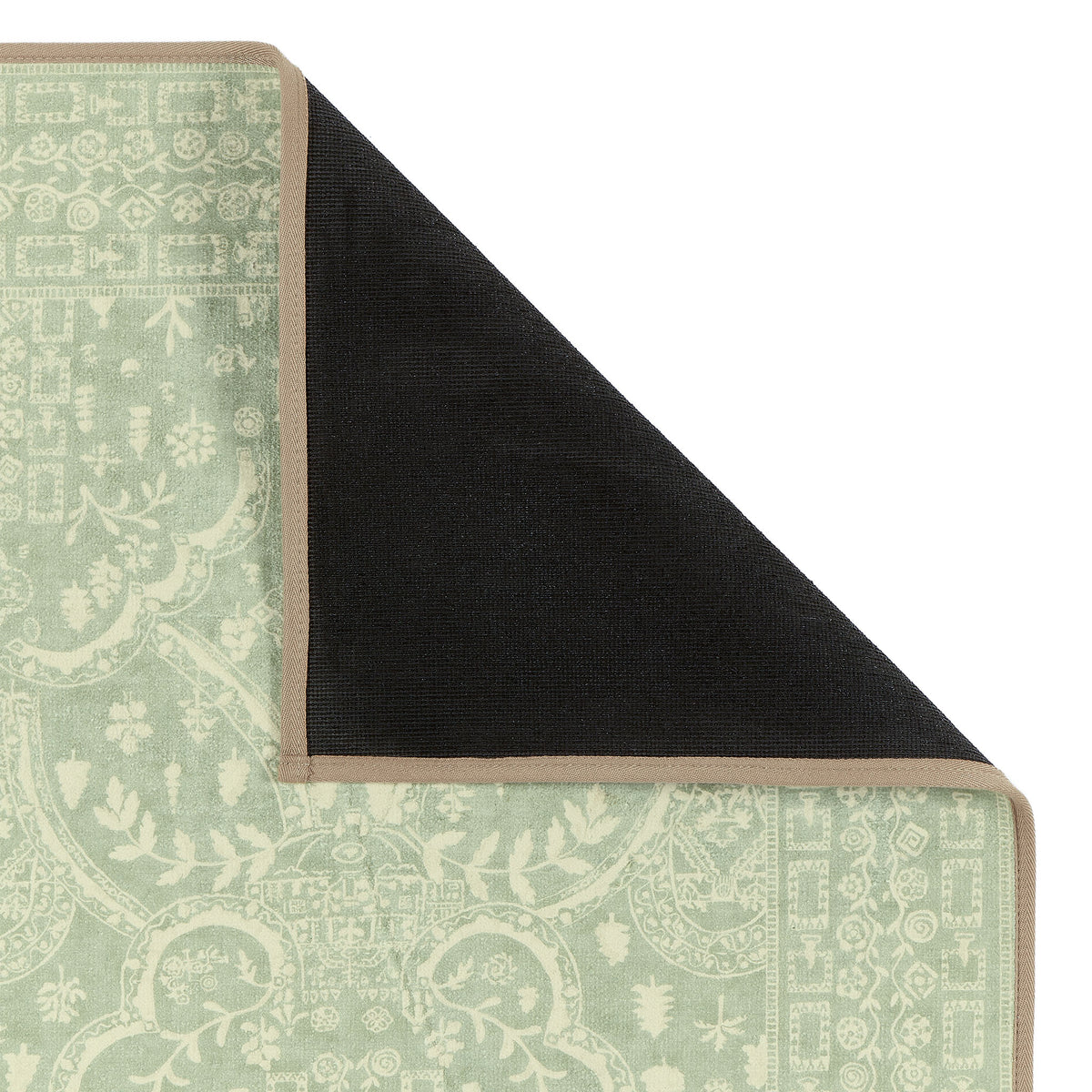 Close-up of Topiary View Thyme Eco-Washable with a traditional style pattern showing the rubber backing.