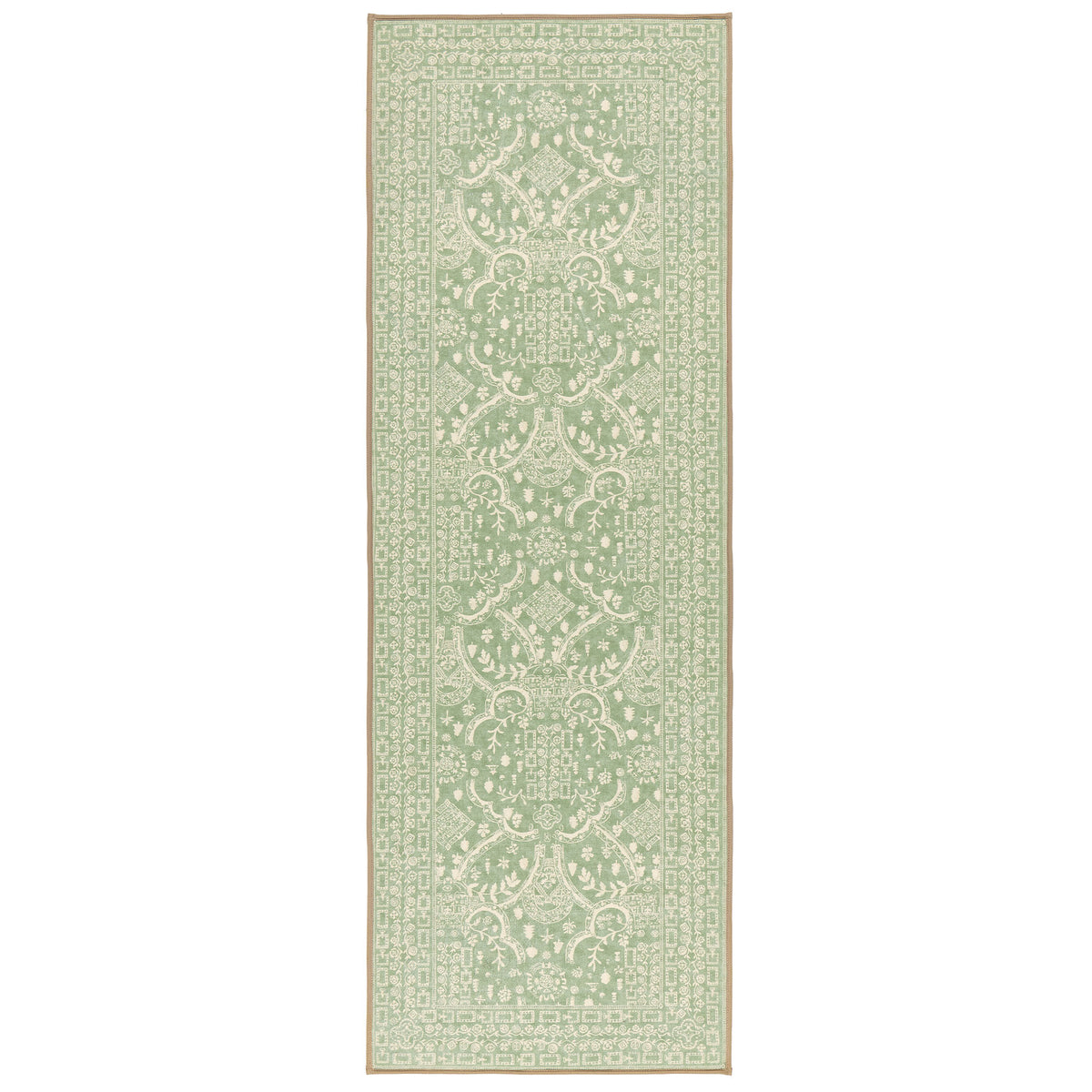 Topiary View Thyme Eco-Washable Runner with a heritage style pattern in green. 