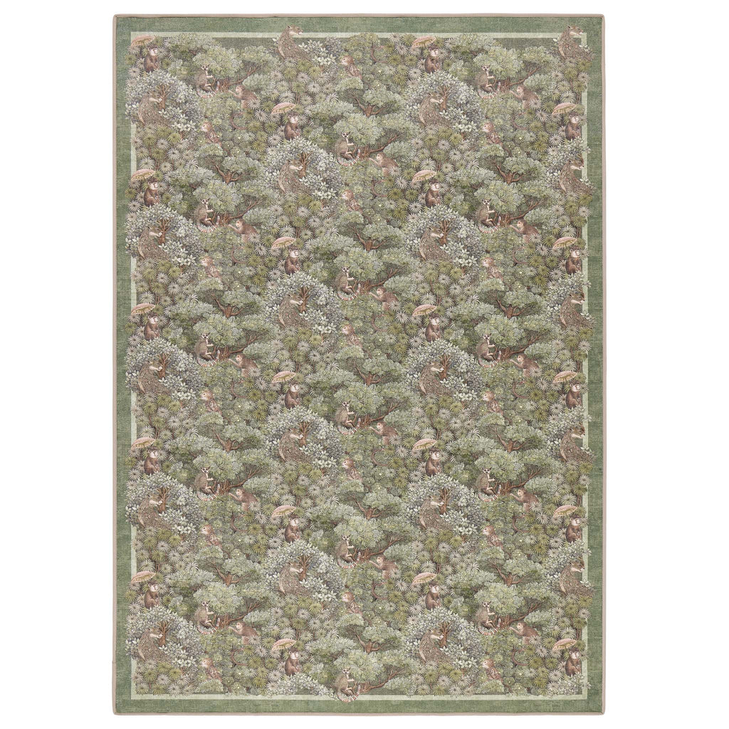 Treetop Troop Green Eco-Washable Rug with a forest and forest animal design.