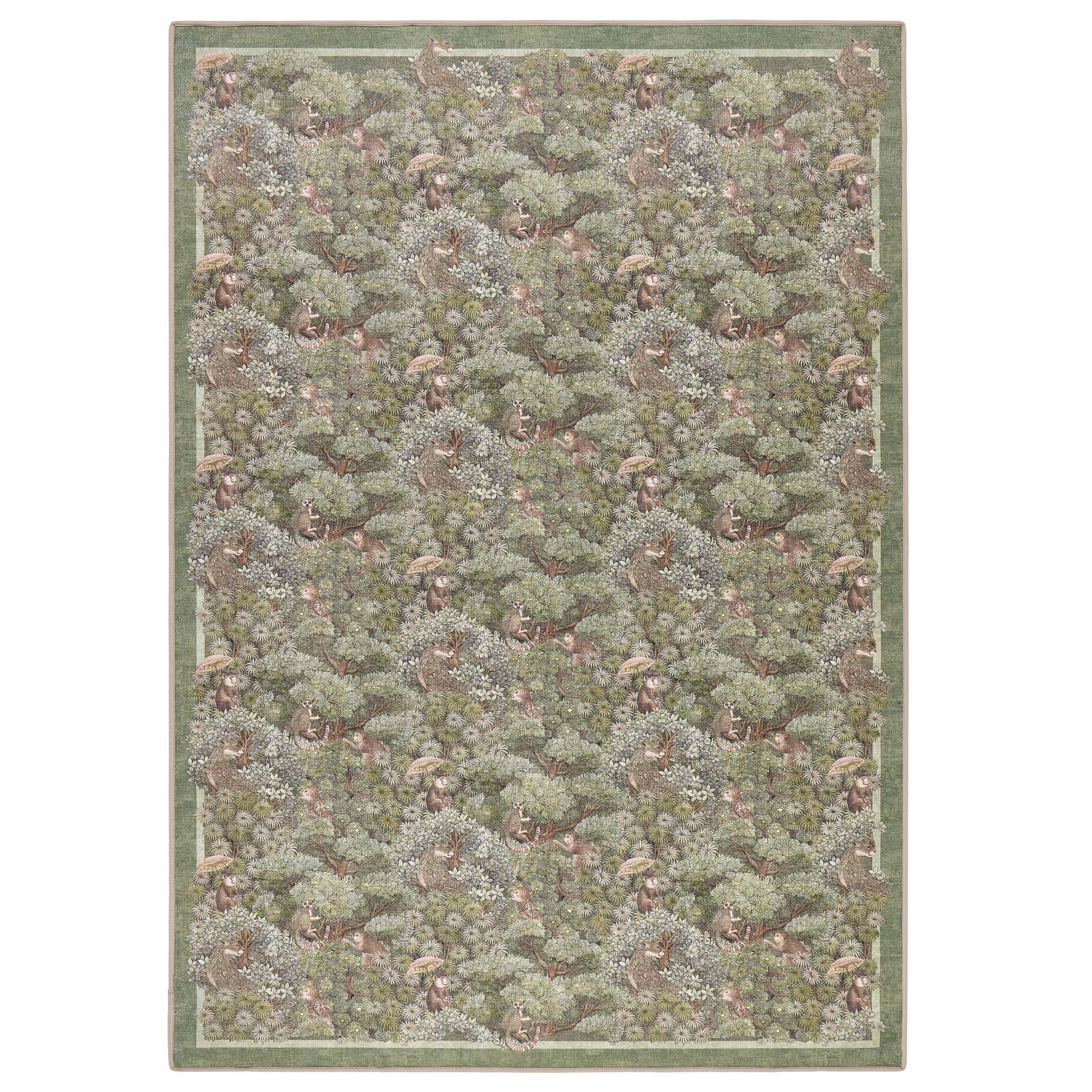 Treetop Troop Green Eco-Washable Rug with a forest and forest animal design.