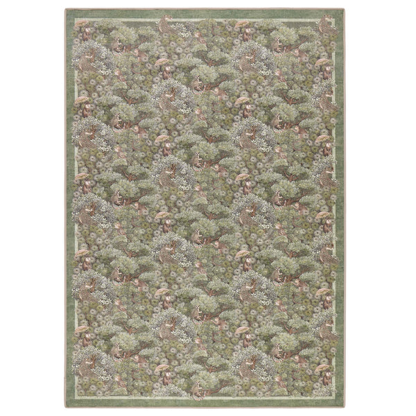 Treetop Troop Green Eco-Washable Rug with a forest and forest animal design.