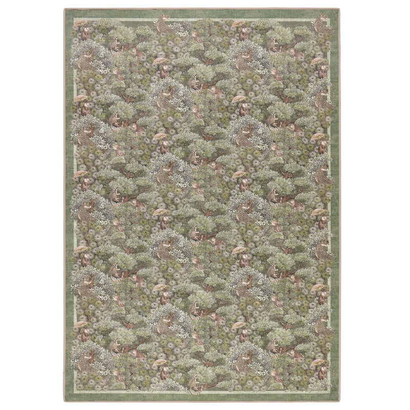 Treetop Troop Green Eco-Washable Rug with a forest and forest animal design.
