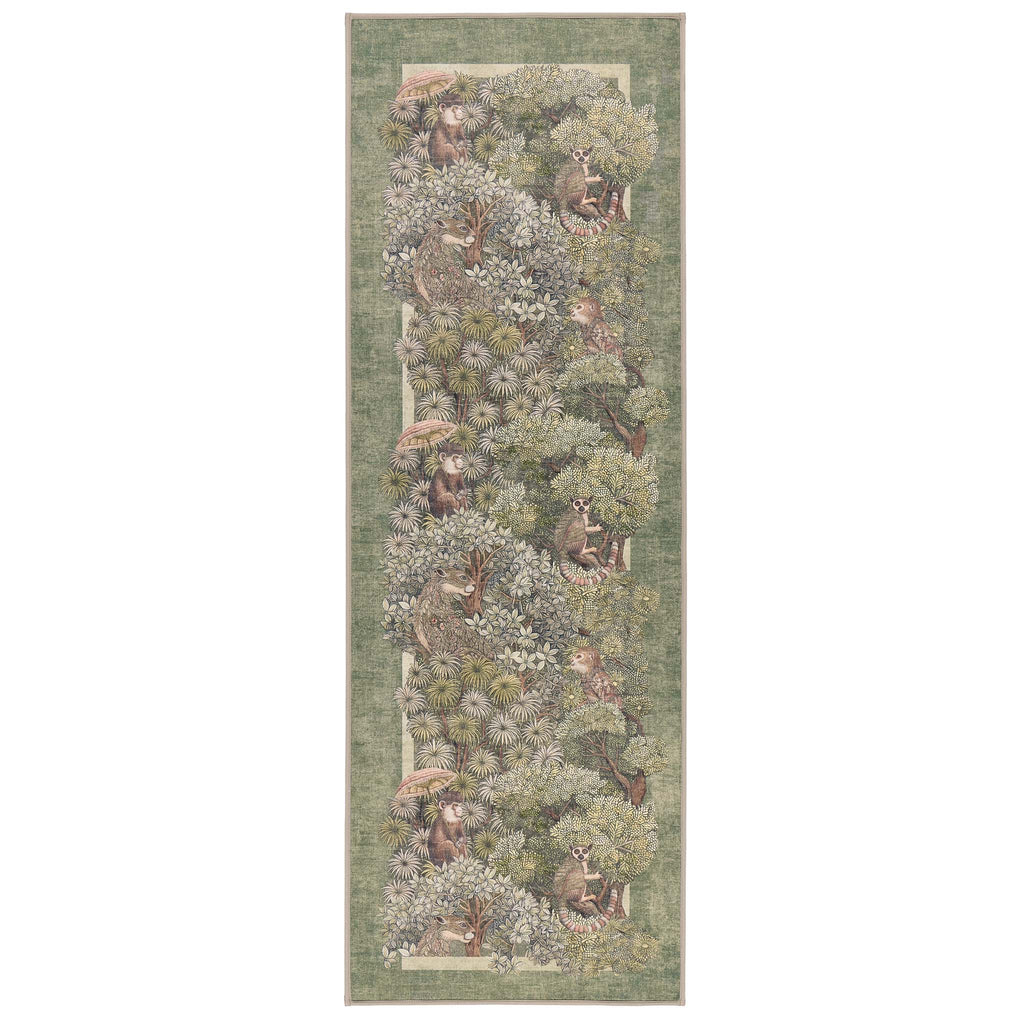 Treetop Troop Green Eco-Washable Runner with a forest and forest animal design.