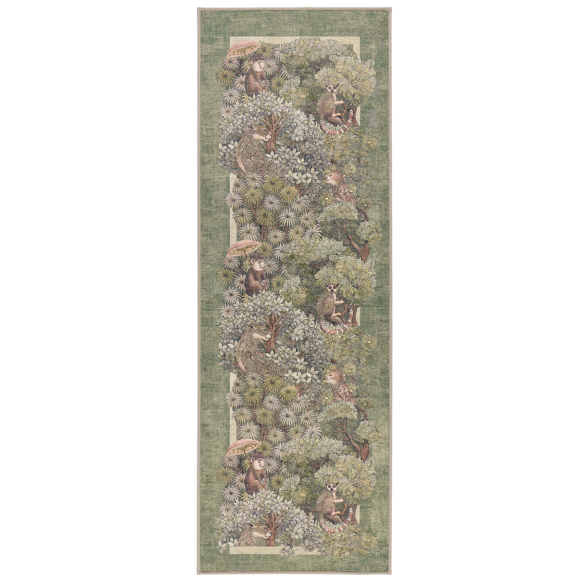 Treetop Troop Green Eco-Washable Runner with a forest and forest animal design.