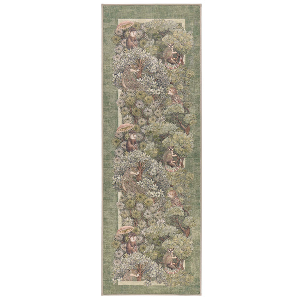 Treetop Troop Green Eco-Washable Runner with a forest and forest animal design.