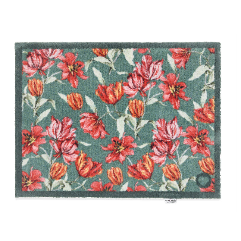 Tumbling Tulips Washable Doormat made from 100% recycled cotton, featuring red and pink tulips.