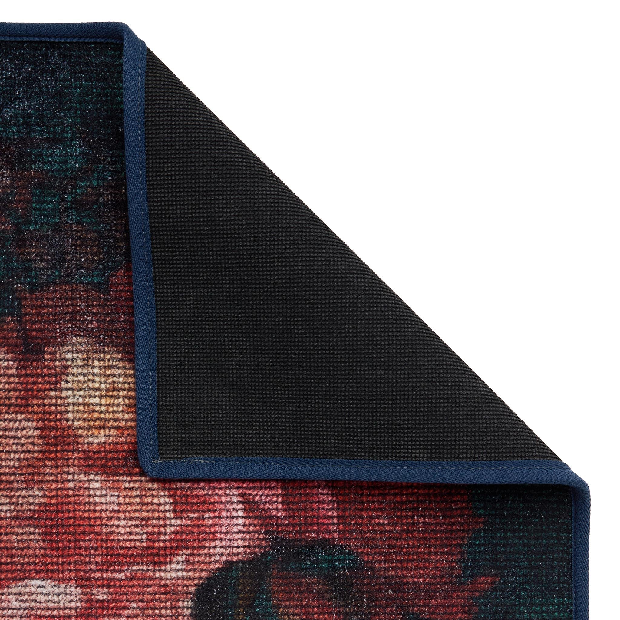 Twilight Garden Eco-Washable Rug- a black eco-washable rug featuring soft pink and cream roses.
