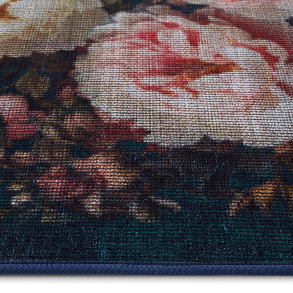 Twilight Garden Eco-Washable Rug- a black eco-washable rug featuring soft pink and cream roses.