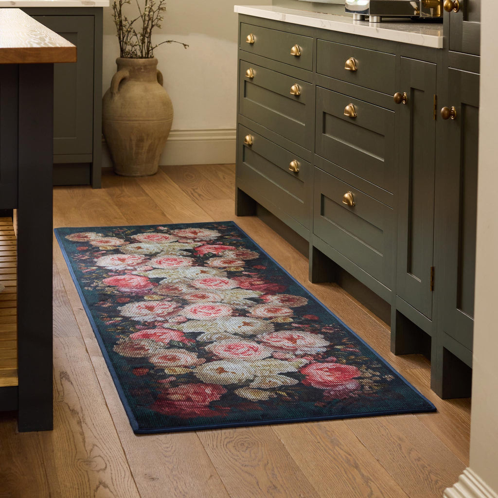 Twilight Garden Eco-Washable Runner- a black eco-washable runner featuring soft pink and cream roses.