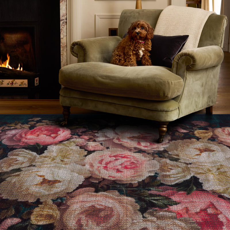 Twilight Garden Eco-Washable Rug made from 100% recycled materials, featuring an oversized bloom pattern against a black background.