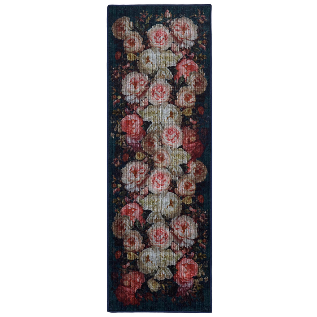 Twilight Garden Eco-Washable Runner- a black eco-washable runner featuring soft pink and cream roses.