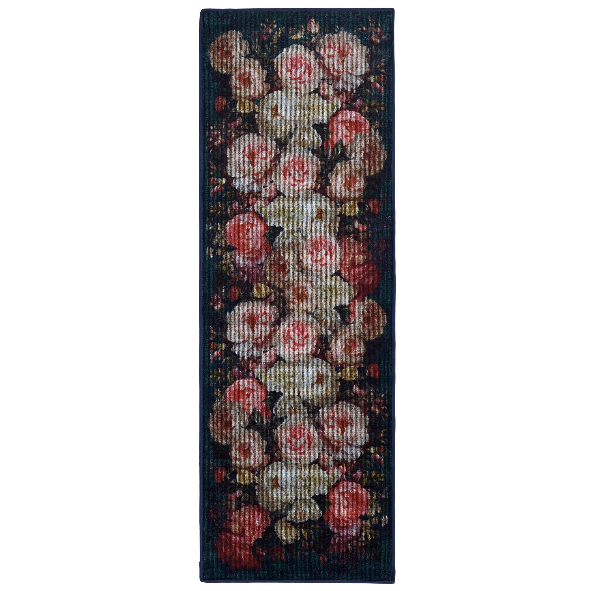 Twilight Garden Eco-Washable Runner- a black eco-washable runner featuring soft pink and cream roses.