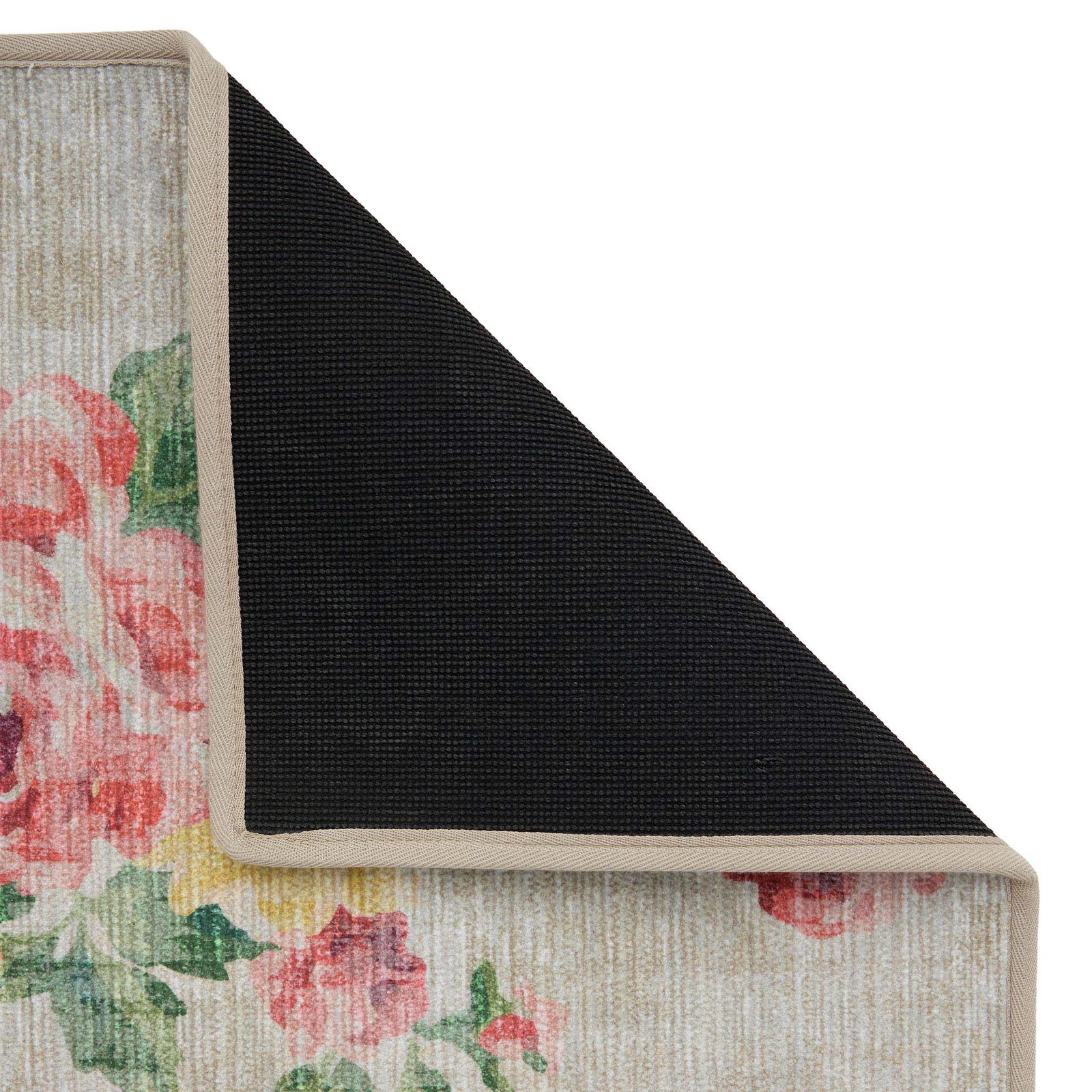 Vintage Rose Natural Eco-Washable Rug with pink and yellow roses, styled with backing showing.