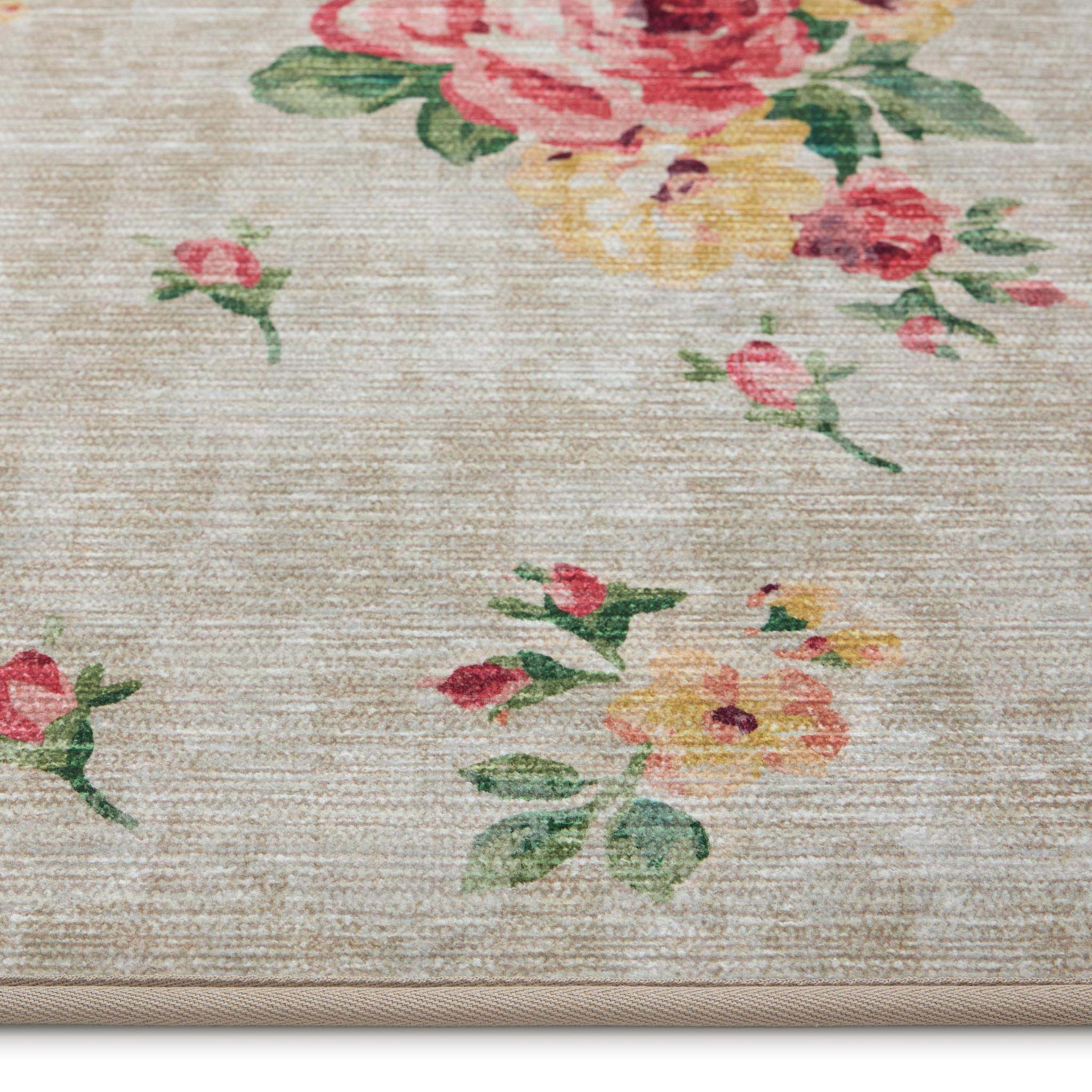 Vintage Rose Natural Eco-Washable Rug with pink and yellow roses.