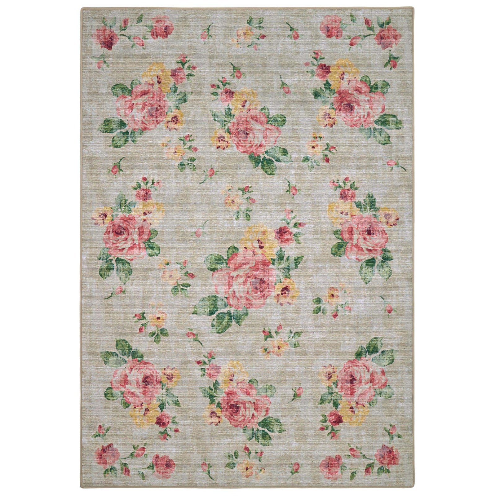 Vintage Rose Natural Eco-Washable Rug with pink and yellow roses.