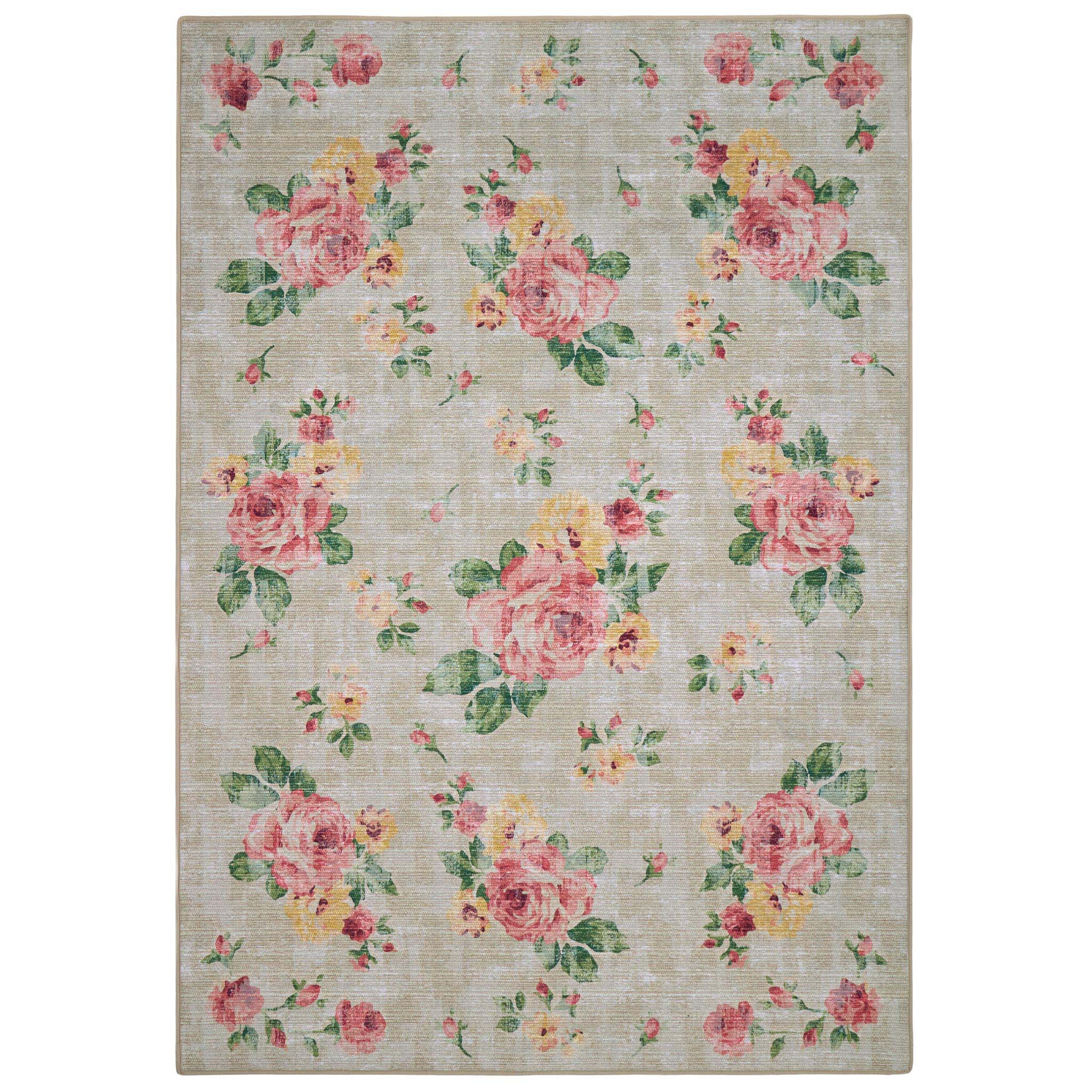 Vintage Rose Natural Eco-Washable Rug with pink and yellow roses.