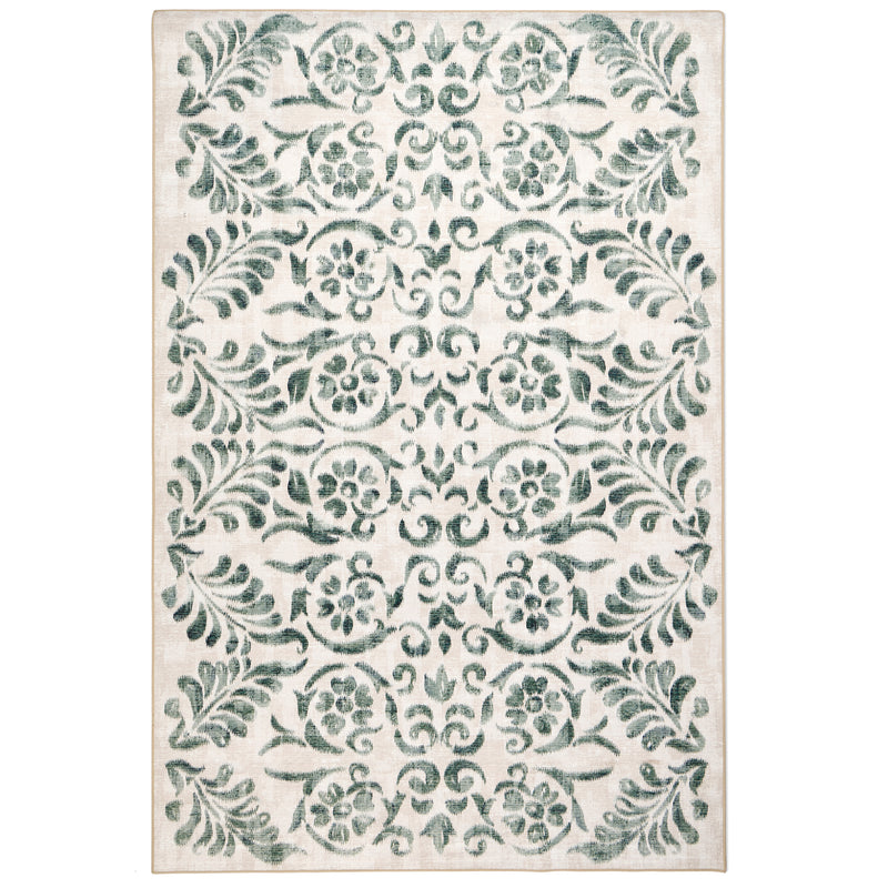 Vintage Scroll Green Eco Washable Rug made from 100% recycled materials, featuring an intertwined green floral design. 