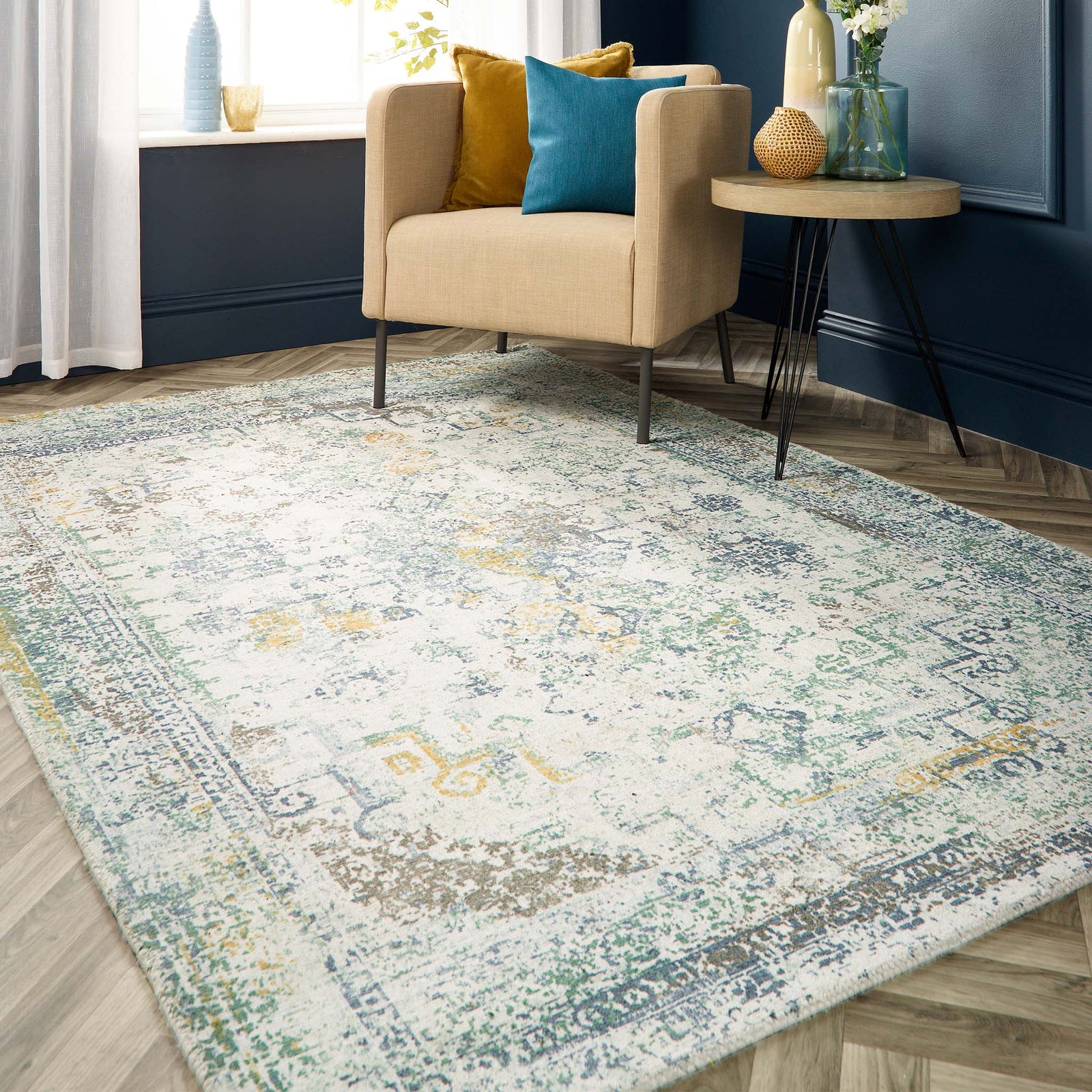 Vogue Blue/Ochre Rug made from 100% PET recycled materials, featuring a worn out vintage inspired design.