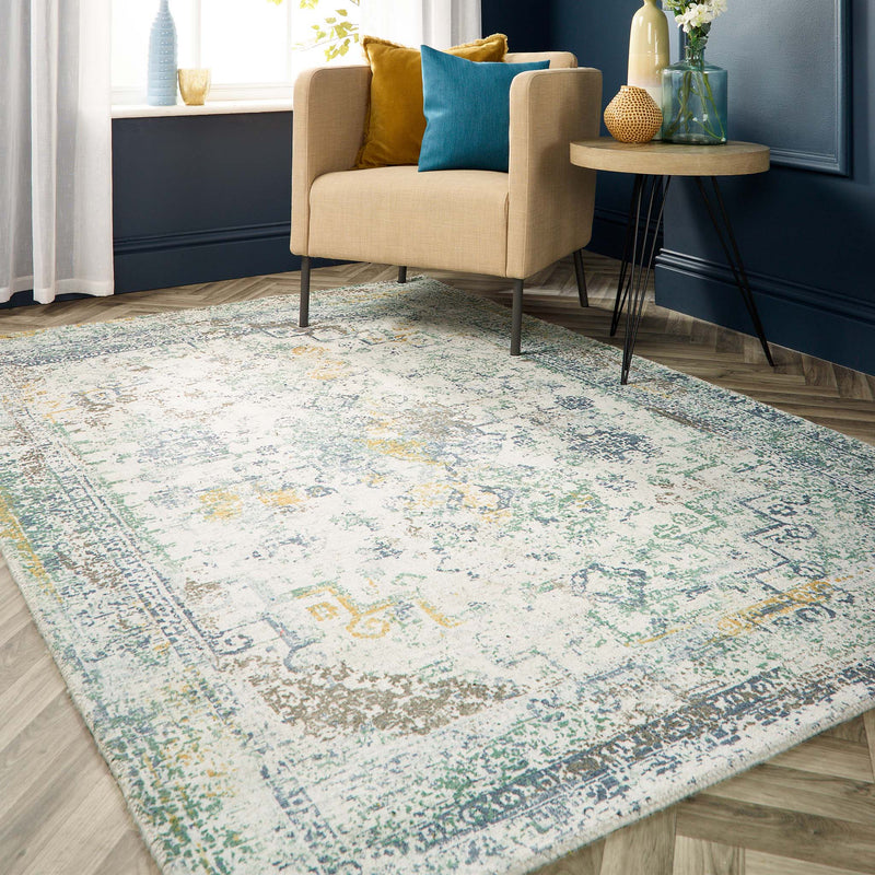 Vogue Blue/Ochre Rug made from 100% PET recycled materials, featuring a worn out vintage inspired design.