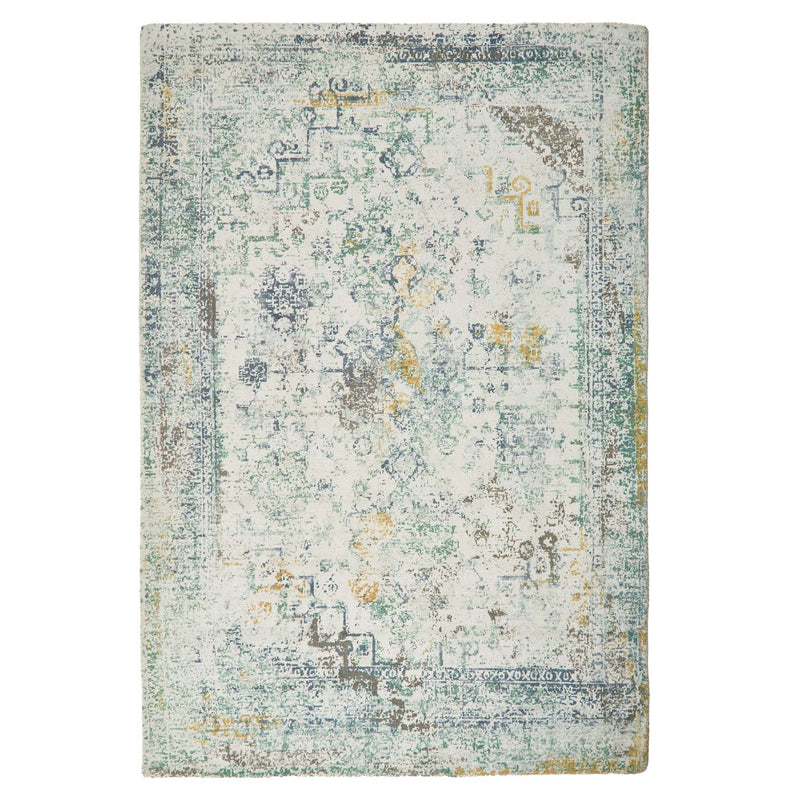 Vogue Blue/Ochre Rug made from 100% PET recycled materials, featuring a worn out vintage inspired design.